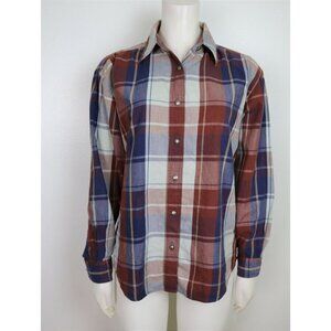 VINTAGE WOMEN'S BROWN & BLUE PLAID LONG SLEEVE BUTTON-UP SHIRT - WRANGLER BLUES